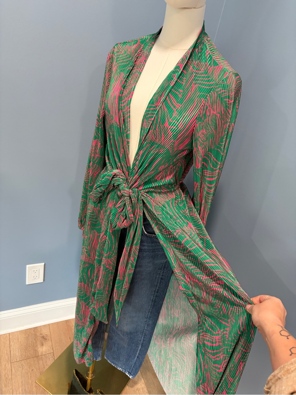 Intempo Green Pink Zebra Print Kimono Duster M Tie Waist Long Cardigan